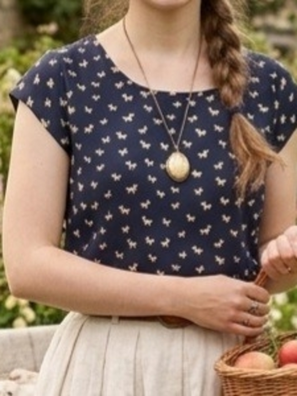 Sweet Rain Navy Cap-Sleeve Top with Goat Print Cottagecore
